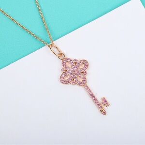 Tiffany & Co. Gold Key Pendant Necklace with Pink Crystals